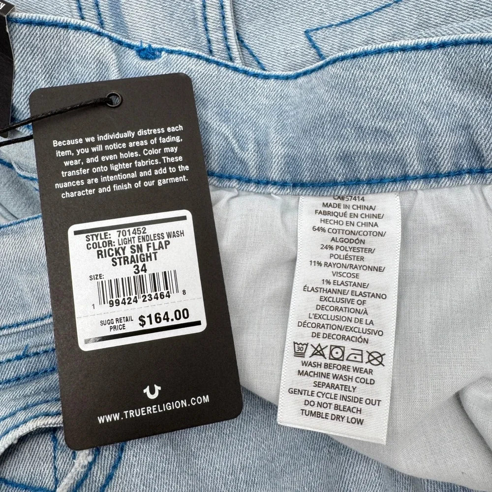 True Religion Ricky Straight Jeans Mens 34 Light Blue NWT